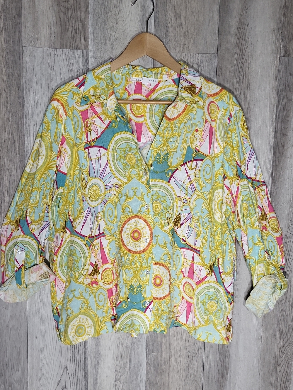 Jane + Delancey Baroque Print Linen Blend Nautical Blouse Womens XL